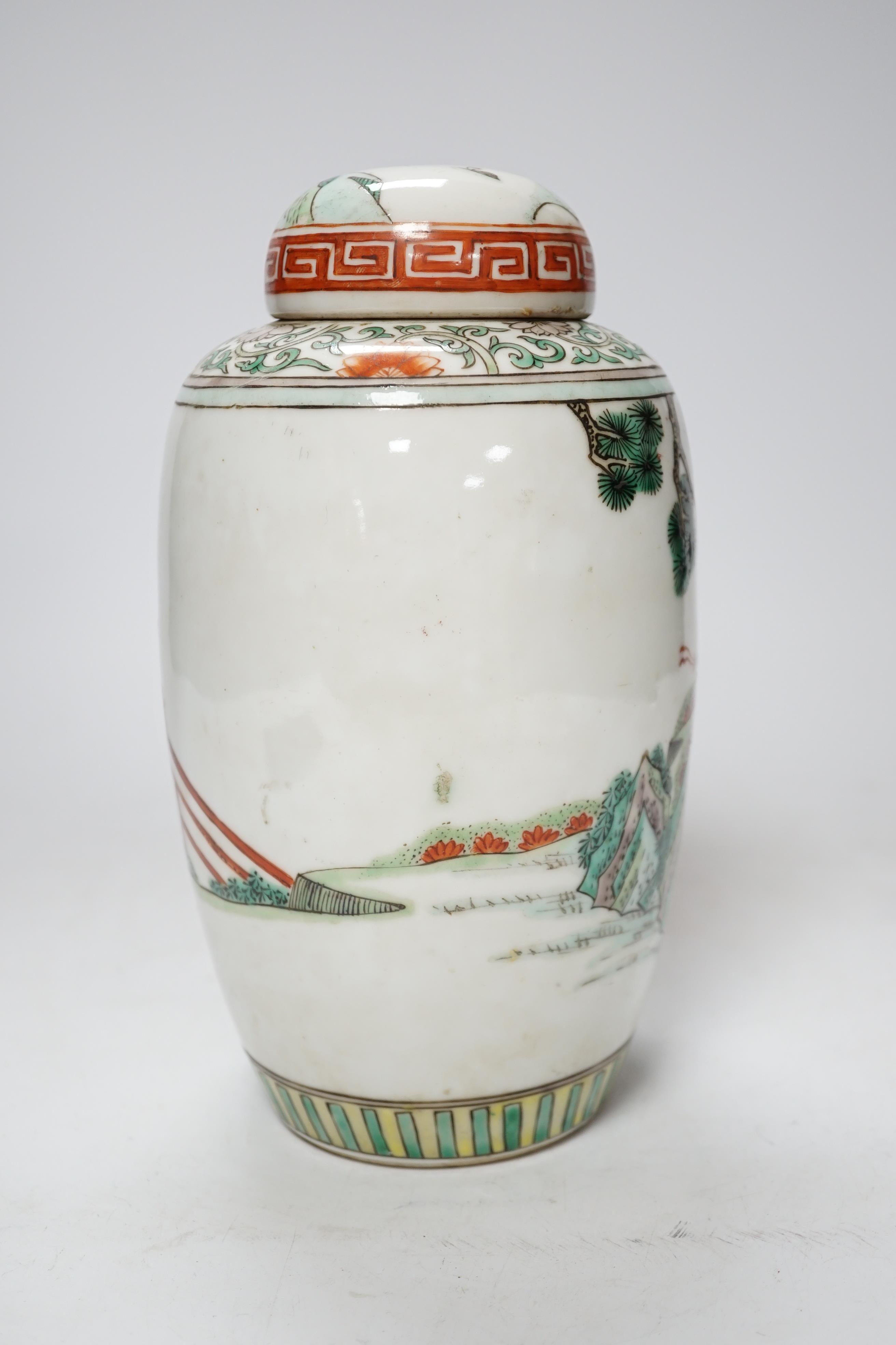 An early 20th century Chinese 'Zhongkui' famille verte jar and cover, 23cm high